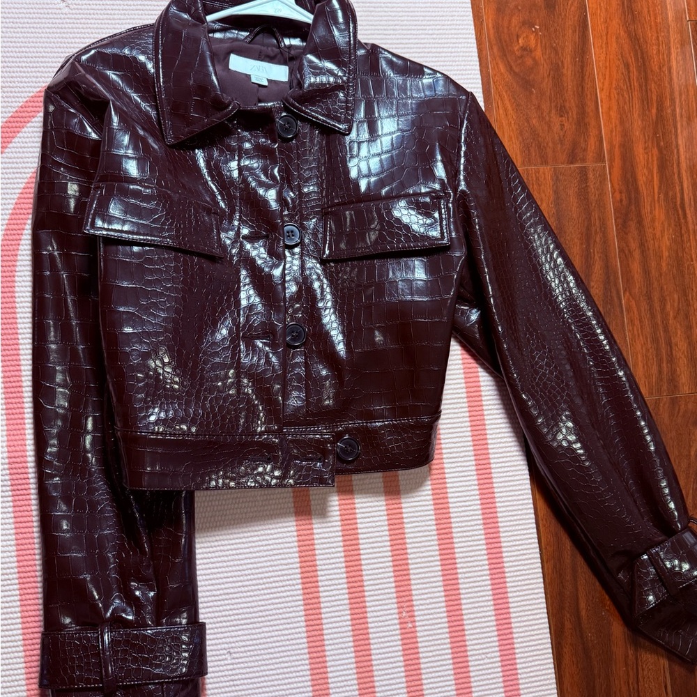 Zara Cropped Patent Leather Jacket - Dark Brown - Picture 4 of 12